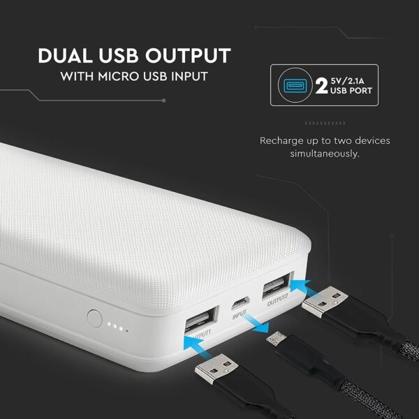 Power Bank 20000mAh με 2 Θύρες USB Λευκό V-TAC – 8189