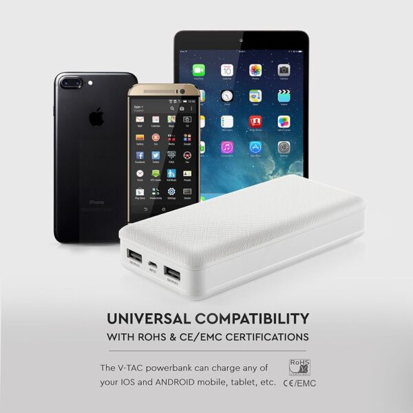 Power Bank 20000mAh με 2 Θύρες USB Λευκό V-TAC – 8189