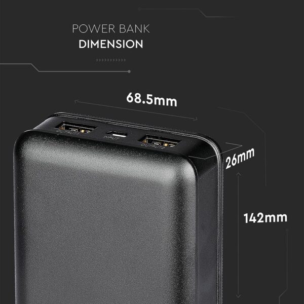 Power Bank 20000mAh με 2 Θύρες USB Μάυρο V-TAC – 8190
