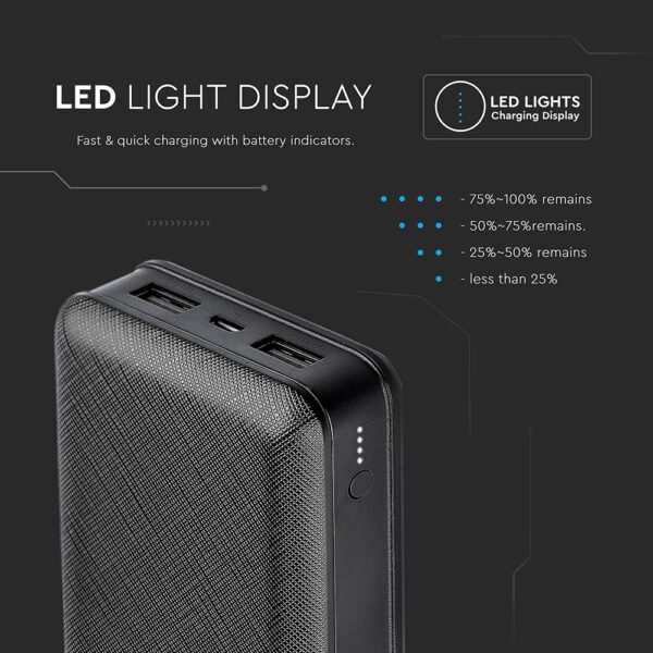 Power Bank 20000mAh με 2 Θύρες USB Μάυρο V-TAC – 8190