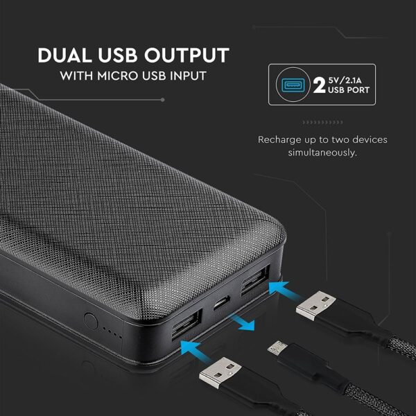 Power Bank 20000mAh με 2 Θύρες USB Μάυρο V-TAC – 8190