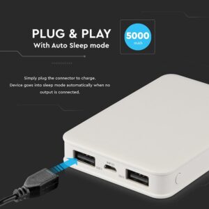 Power Bank 5000mAh με 2 Θύρες USB Λευκό V-TAC – 8191