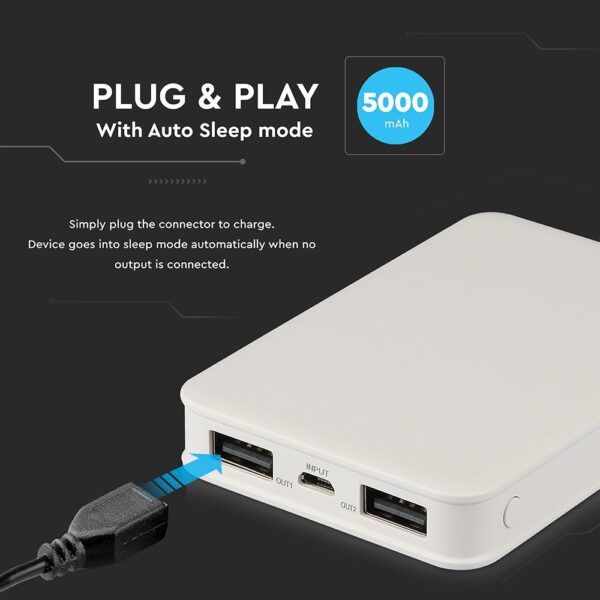 Power Bank 5000mAh με 2 Θύρες USB Λευκό V-TAC – 8191