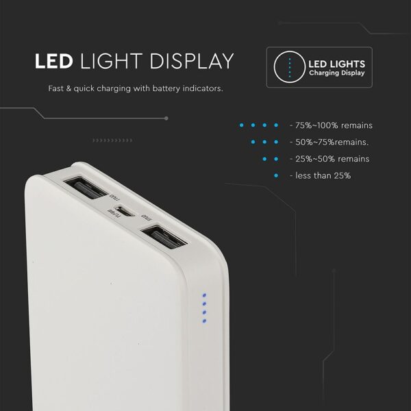 Power Bank 5000mAh με 2 Θύρες USB Λευκό V-TAC – 8191