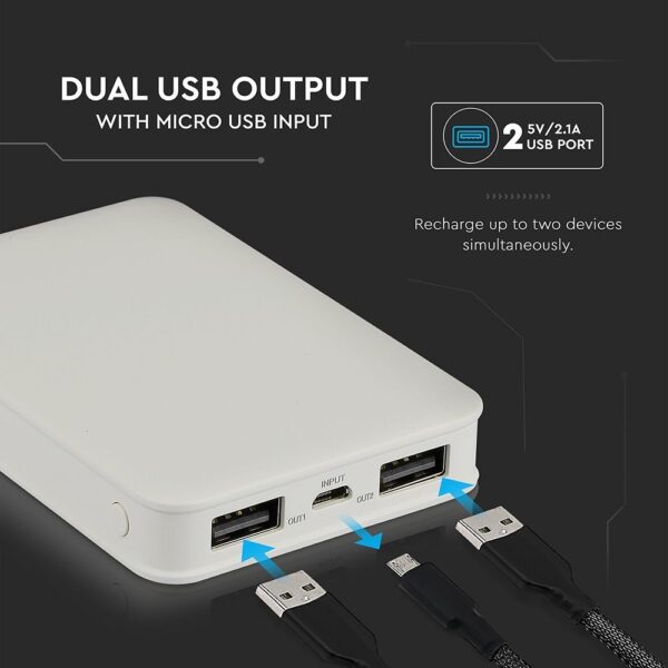 Power Bank 5000mAh με 2 Θύρες USB Λευκό V-TAC – 8191