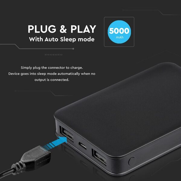 Power Bank 5000mAh με 2 Θύρες USB Μαύρο V-TAC – 8193