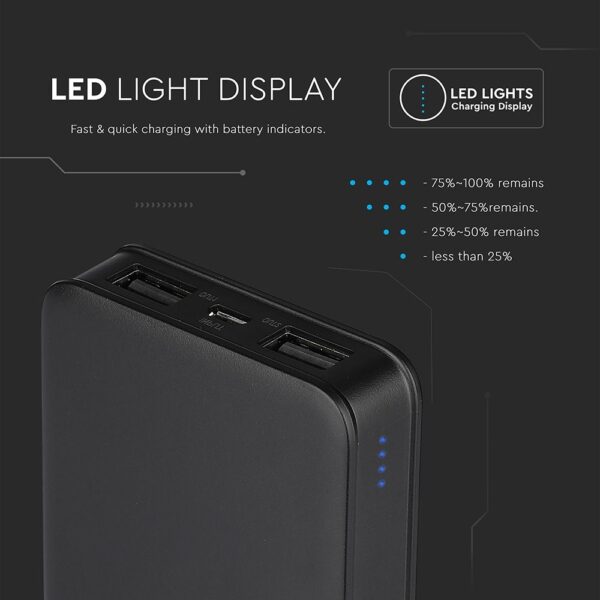 Power Bank 5000mAh με 2 Θύρες USB Μαύρο V-TAC – 8193