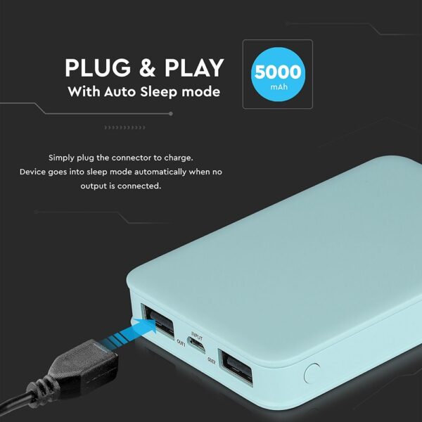 Power Bank 5000mAh με 2 Θύρες USB Μπλε V-TAC – 8195
