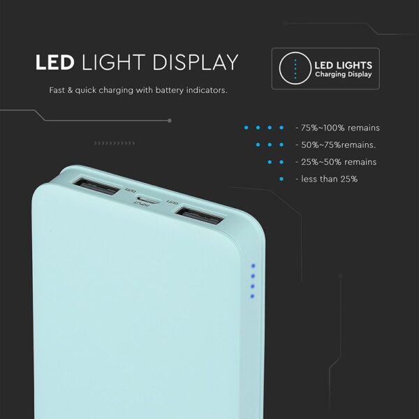 Power Bank 5000mAh με 2 Θύρες USB Μπλε V-TAC – 8195