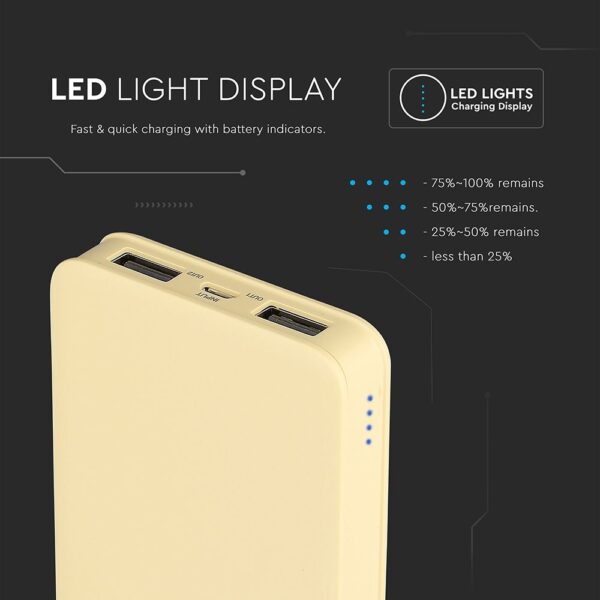 Power Bank 5000mAh με 2 Θύρες USB Κίτρινο V-TAC – 8196