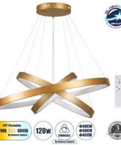 GloboStar® NEMESIS TRIO 61172-DECO Κρεμαστό Φωτιστικό Δαχτυλίδι-Κύκλος LED CCT 120W 14723lm 360° AC 220-240V – Εναλλαγή Φωτισμού μέσω Τηλεχειριστηρίου All In One Ψυχρό 6000k+Φυσικό 4500k+Θερμό 2700k Dimmable Φ40+60+80cm – Χρυσό Βούρτσας – 3 Years Warranty
