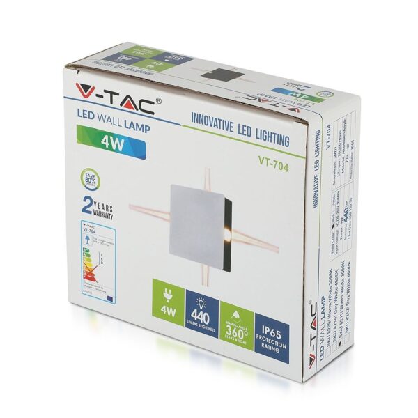 LED απλίκα τοίχου V-TAC 4W VT-704, φωτεινότητα 440 lumen, IP65, 2 χρόνια εγγύηση.