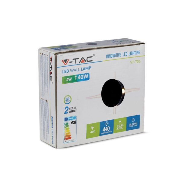 LED Φωτιστικό Τοίχου 4W V-TAC Μαύρο Στρογγυλό Αδιάβροχο IP65 SMD Φυσικό Λευκό 4000Κ – 8216