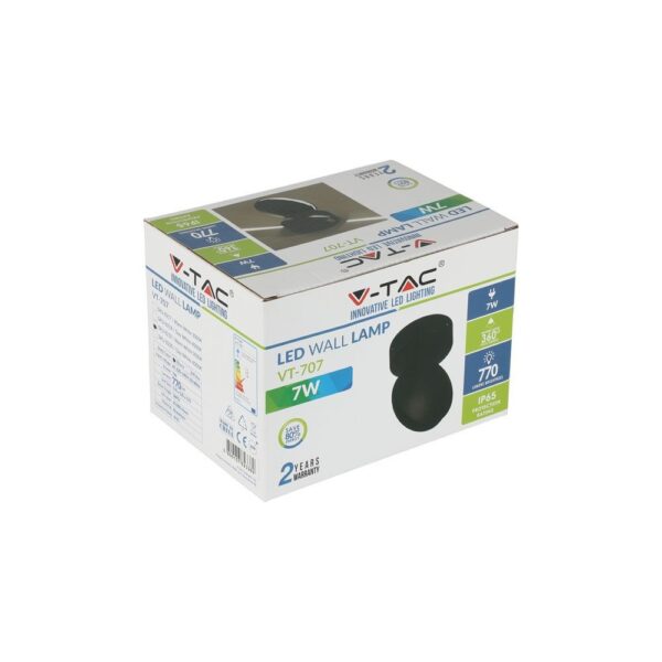 LED απλίκα V-TAC 7W VT-707, φωτεινότητα 770lm, IP65, ενεργειακή απόδοση, 2 χρόνια εγγύηση.