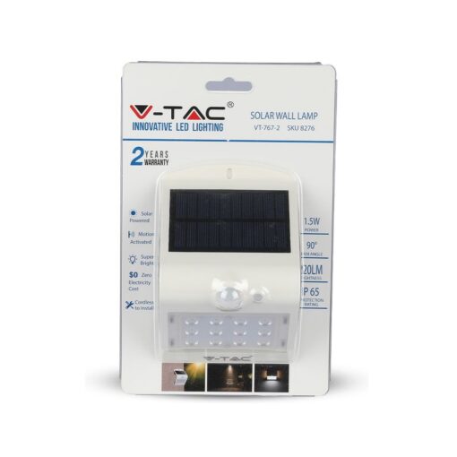 LED Ηλιακό Φωτιστικό 1.5W V-TAC με Αισθητήρα Αδιάβροχο IP65 Λευκό Πλαστικό Φυσικό Λευκό 4000K – 8276