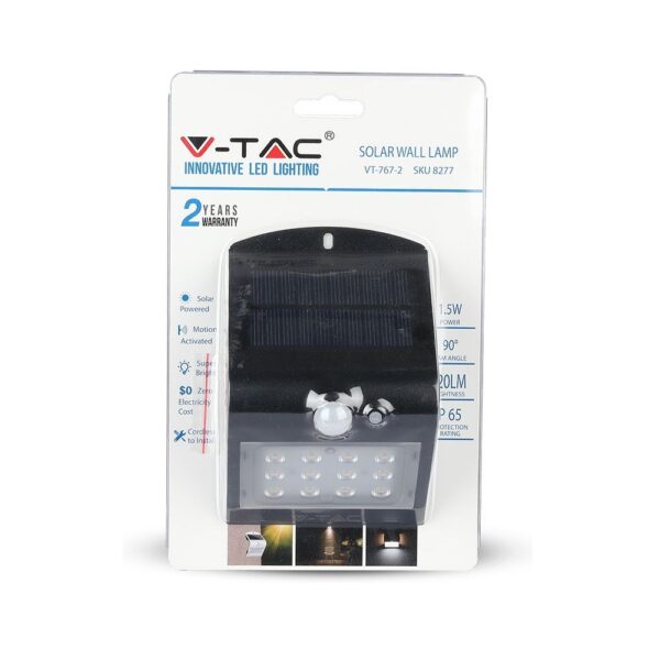 LED Ηλιακό Φωτιστικό 1.5W V-TAC με Αισθητήρα Αδιάβροχο IP65 Μαύρο Πλαστικό Φυσικό Λευκό 4000K – 8277