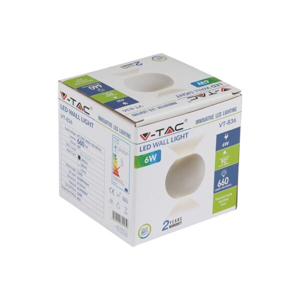 LED Φωτιστικό Τοίχου Στρογγυλό 6W V-TAC Λευκό Αδιάβροχο IP65 SMD Θερμό Λευκό 3000Κ – 8301