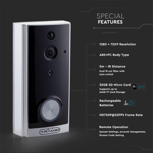 720P IP Wi-Fi Smart Video Θυροτηλεόραση με Αυτόματη Παρακολούθηση και Νυχτερινή Λήψη Λευκή V-TAC – 8355