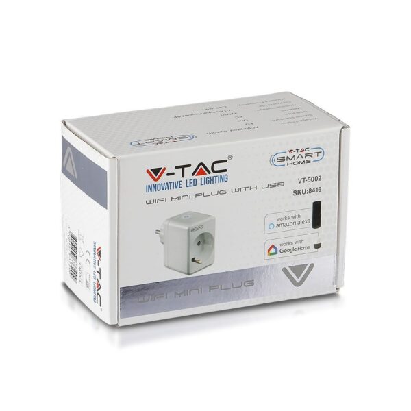 Wi-Fi Mini Πρίζα με USB Smart Home Συμβατή Με Amazon Alexa & Google Home V-TAC – 8416