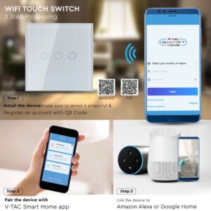 Wi-Fi Διακόπτης Αφής Χωνευτός Λευκός Smart Home Συμβατός Με Amazon Alexa & Google Home V-TAC – 8417