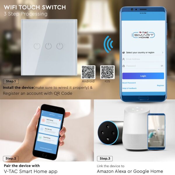 Wi-Fi Διακόπτης Αφής Χωνευτός Λευκός Smart Home Συμβατός Με Amazon Alexa & Google Home V-TAC – 8417