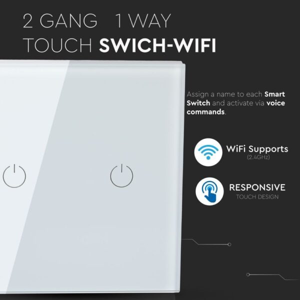 Wi-Fi Διακόπτης Αφής Κομμυτατέρ K/R Διπλός Λευκός Χωνευτός Smart Home Συμβατός Με Amazon Alexa & Google Home V-TAC – 8418
