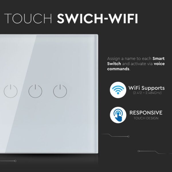 Wi-Fi Διακόπτης Αφής Τριπλός Λευκός Χωνευτός Smart Home Συμβατός Με Amazon Alexa & Google Home V-TAC – 8419