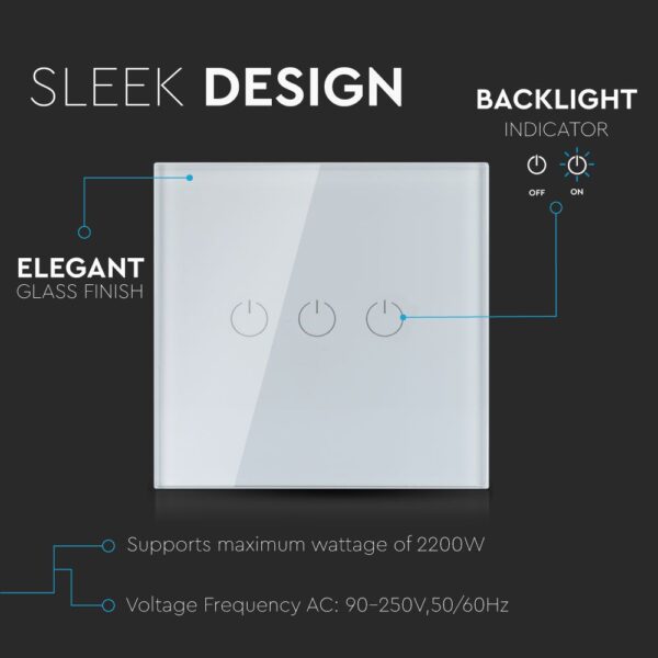 Wi-Fi Διακόπτης Αφής Τριπλός Λευκός Χωνευτός Smart Home Συμβατός Με Amazon Alexa & Google Home V-TAC – 8419