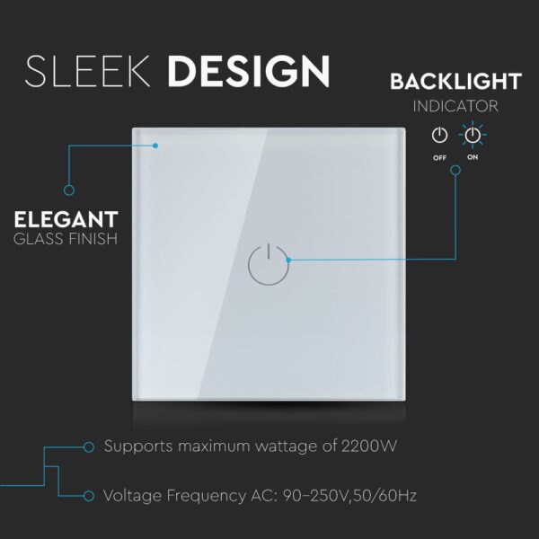 Wi-Fi Διακόπτης Αφής Χωνευτός Λευκός Smart Home Συμβατός Με Amazon Alexa & Google Home V-TAC – 8417