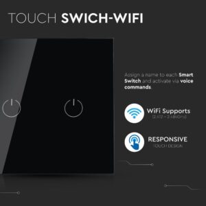 Wi-Fi Διακόπτης Αφής Κομμυτατέρ K/R Διπλός Μαύρος Χωνευτός Smart Home Συμβατός Με Amazon Alexa & Google Home V-TAC – 8424