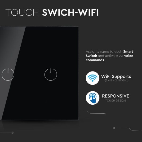 Wi-Fi Διακόπτης Αφής Κομμυτατέρ K/R Διπλός Μαύρος Χωνευτός Smart Home Συμβατός Με Amazon Alexa & Google Home V-TAC – 8424