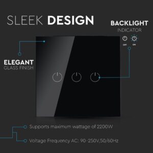 Wi-Fi Διακόπτης Αφής Τριπλός Μαύρος Χωνευτός Smart Home Συμβατός Με Amazon Alexa & Google Home V-TAC – 8425