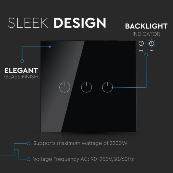 Wi-Fi Διακόπτης Αφής Τριπλός Μαύρος Χωνευτός Smart Home Συμβατός Με Amazon Alexa & Google Home V-TAC – 8425