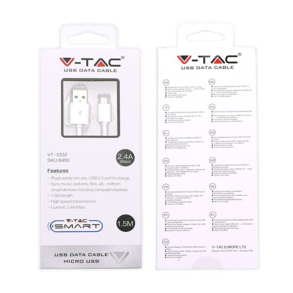Καλώδιο USB 2.0 σε Micro USB 1.5M Λευκό V-TAC – 8450