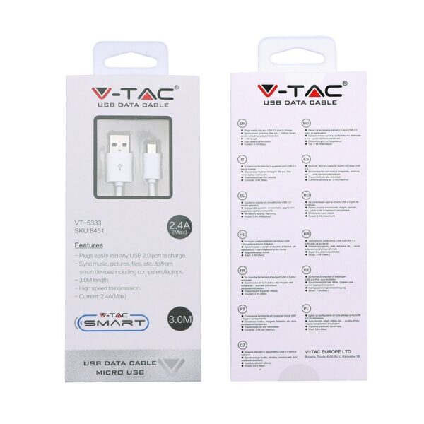 Καλώδιο USB 2.0 σε Micro USB 3M Λευκό V-TAC – 8451