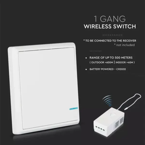 Ασύρματος διακόπτης RF μονός Wireless λευκός μπαταρίας V-TAC – 8460