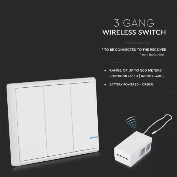 Ασύρματος διακόπτης RF τριπλός Wireless λευκός μπαταρίας V-TAC – 8462