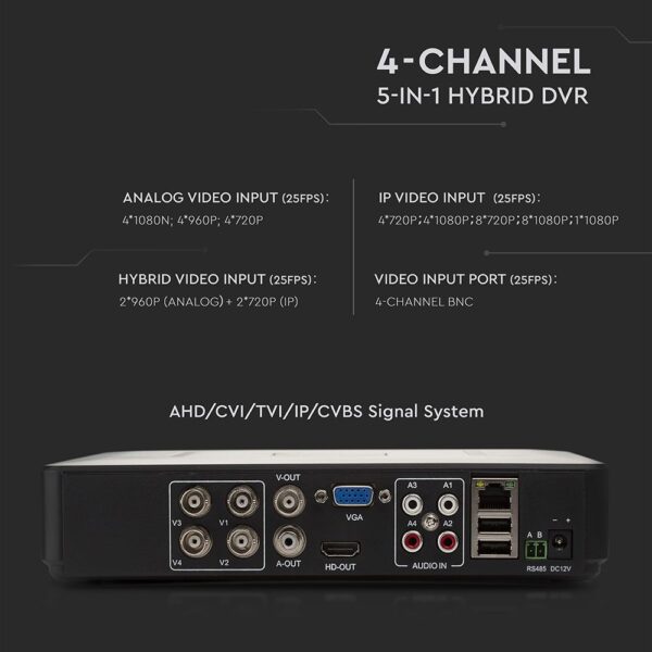 Καταγραφικό κάμερας 4 καναλιών 1080N HD Υβριδική ασφάλεια 5-σε-1 με AHD/CVI/TVI/IP/CVBS V-TAC – 8476