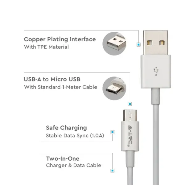 Καλώδιο Micro USB λευκό 1m Silver Series V-TAC – 8484
