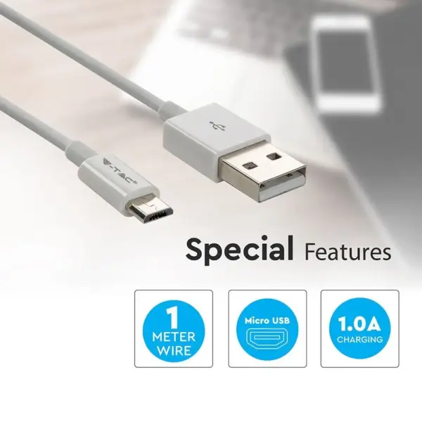 Καλώδιο Micro USB λευκό 1m Silver Series V-TAC – 8484