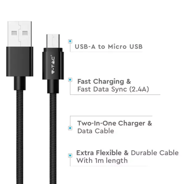 Καλώδιο Micro USB μαύρο 1m Platinum Series V-TAC – 8488