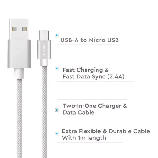 Καλώδιο Micro USB ασημί 1m Platinum Series V-TAC – 8489