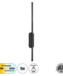 GloboStar® HARLEM 61331 Φωτιστικό Τοίχου – Απλίκα Design LED CCT 9W 1080lm 120° AC 220-240V – Εναλλαγή Φωτισμού μέσω Διακόπτη On/Off All In One Ψυχρό 6000k+Φυσικό 4500k+Θερμό 2700k Μ5 x Π4 x Υ60cm – Μαύρο – 3 Years Warranty