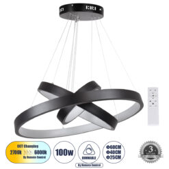GloboStar® NEMESIS TRIO 61167-DECO Κρεμαστό Φωτιστικό Δαχτυλίδι-Κύκλος LED CCT 100W 12123lm 360° AC 220-240V – Εναλλαγή Φωτισμού μέσω Τηλεχειριστηρίου All In One Ψυχρό 6000k+Φυσικό 4500k+Θερμό 2700k Dimmable Φ25+40+60cm – Μαύρο – 3 Years Warranty