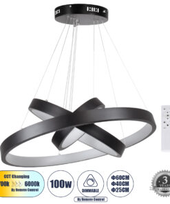 GloboStar® NEMESIS TRIO 61167-DECO Κρεμαστό Φωτιστικό Δαχτυλίδι-Κύκλος LED CCT 100W 12123lm 360° AC 220-240V – Εναλλαγή Φωτισμού μέσω Τηλεχειριστηρίου All In One Ψυχρό 6000k+Φυσικό 4500k+Θερμό 2700k Dimmable Φ25+40+60cm – Μαύρο – 3 Years Warranty
