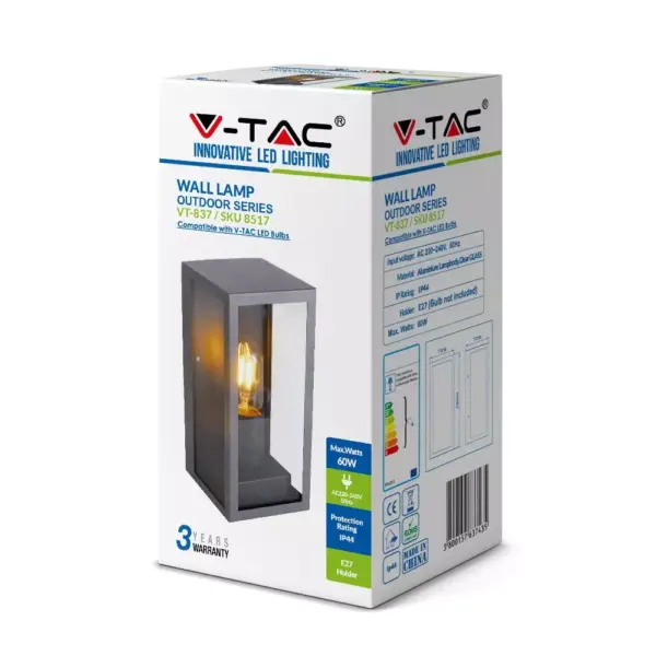 Επιτοίχιο φωτιστικό κήπου E27 IP44 Aluminum + Glass με Μαύρο σώμα V-TAC – 8517
