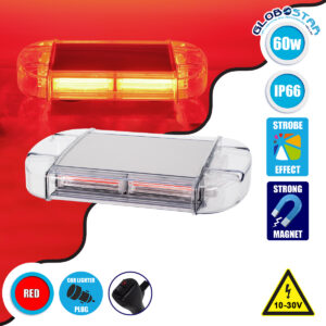 GloboStar® 85174 PRO Series Φάρος Σήμανσης Οχήματος Πυροσβεστικής για Αυτοκίνητα & Φορτηγά 6 Προγραμμάτων Φωτισμού STROBE LED COB 60W DC 10-30V Αδιάβροχος IP66 Κόκκινο