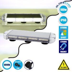 GloboStar® 85184 PRO Series Φάρος Σήμανσης Οχήματος Ασθενοφόρου για Αυτοκίνητα & Φορτηγά 6 Προγραμμάτων Φωτισμού STROBE LED COB 100W DC 10-30V Αδιάβροχος IP66 Ψυχρό Λευκό 6000K