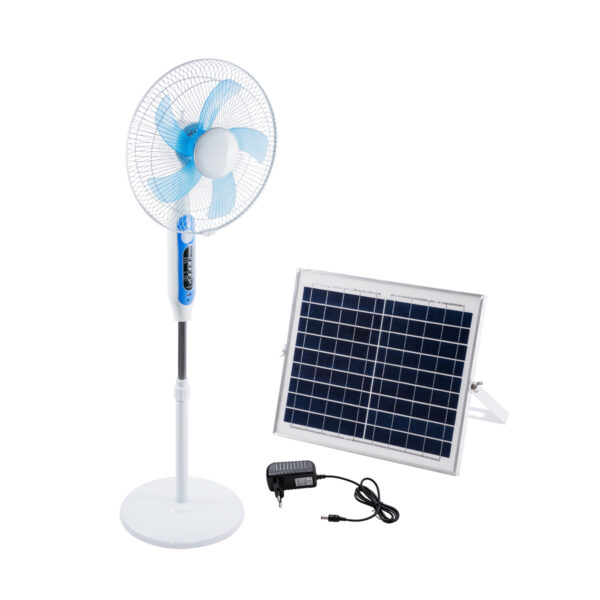 GloboStar® SOLARE-FAN 85357 Solar Fan Αυτόνομος Ηλιακός Επιδαπέδιος Ανεμιστήρας 25W 2 Λειτουργιών Ρεύματος με AC 220-240V ή με Φωτοβολταϊκό Panel 9V 15W & Επαναφορτιζόμενη Μπαταρία Li-ion 7.4V 6000mAh - 12 Ταχύτητες - Ασύρματο Χειριστήριο - Ενσωματωμένο USB 2.0 Charger Συσκευών - IP20 - Μ44 x Π37.5 x Υ132cm - Λευκό - 2 Years Warranty