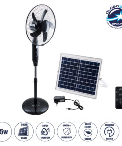 GloboStar® SOLARE-FAN 85358 Solar Fan Αυτόνομος Ηλιακός Επιδαπέδιος Ανεμιστήρας 25W 2 Λειτουργιών Ρεύματος με AC 220-240V ή με Φωτοβολταϊκό Panel 9V 15W & Επαναφορτιζόμενη Μπαταρία Li-ion 7.4V 6000mAh – 12 Ταχύτητες – Ασύρματο Χειριστήριο – Ενσωματωμένο USB 2.0 Charger Συσκευών – IP20 – Μ44 x Π37.5 x Υ132cm – Μαύρο – 2 Years Warranty